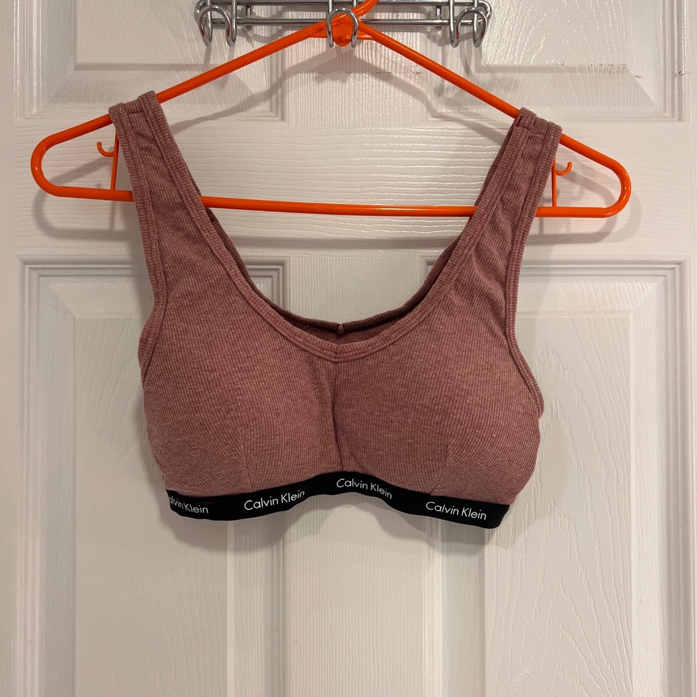 Calvin Klein Womens Mauve Ribbed Logo Bralette V-Neck Comfort Bra Medium